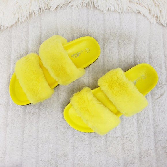 Fur Baby Yellow Soft Furry Double Band Slip on Rhinestone Trim Sandals Slippers - Picture 5 of 14